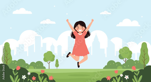 Excited young girl in red dress jumping for joy in green park with city skyline buildings and white clouds in background.