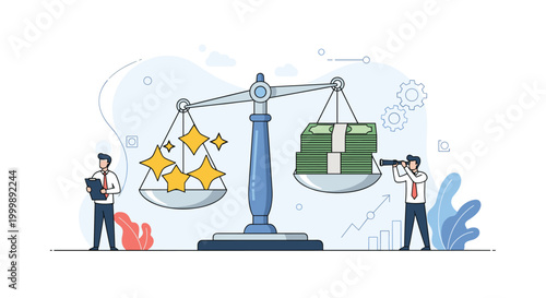 Balancing scale weighing five yellow stars for quality and a large stack of money for cost or profit in business concept.