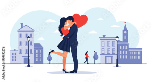 Romantic couple embracing and kissing in city street at night with large red heart and street lamps in soft blue background.