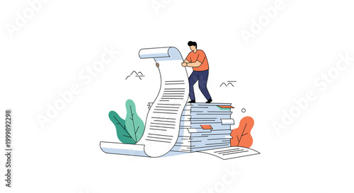 Man standing on tall stack of documents and reading a very long paper scroll for business research or legal task concept.