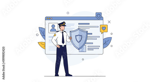 Confident security guard or police officer holding blue shield standing before website user profile interface for cyber safety.