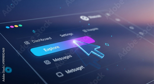 Digital interface with glowing explore button and cursor pointer.