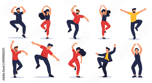 Diverse group of people in various energetic dancing poses and expressions expressing joy and celebration on white background.