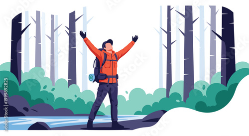 Adventurous hiker with backpack standing by forest river with arms raised in triumph enjoying scenic mountain landscape.