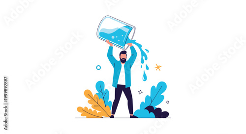 Man pouring giant bucket of refreshing water over himself to cool down representing hydration and summer relief concepts.