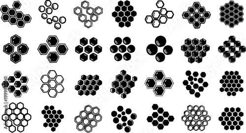 Honeycomb and Bubble Patterns Vector Glyph Icons Set. Black  White Geometric Hexagonal Cells Collection for Beekeeping, Food, and Nature Designs.
