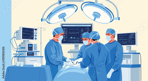 Team of professional surgeons in blue scrubs and masks performs a delicate medical procedure in a high-tech operating room with monitors.