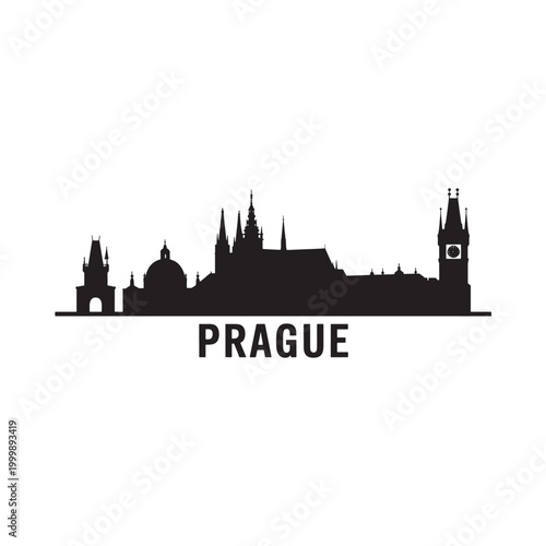 Prague Silhouette with Cityscape and Text on White Background