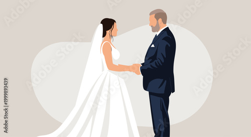 Beautiful bride in a white lace dress and long veil holds hands with her groom in a dark suit during their wedding ceremony.