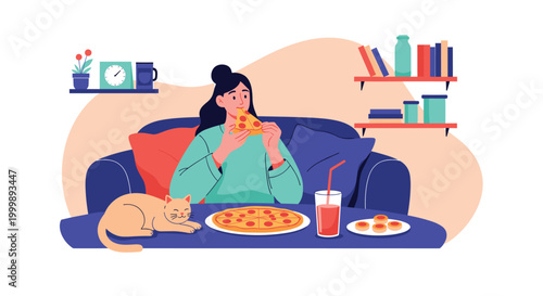 Relaxed woman sitting on a comfortable blue sofa eats a slice of pepperoni pizza while her cat sleeps on the table nearby.