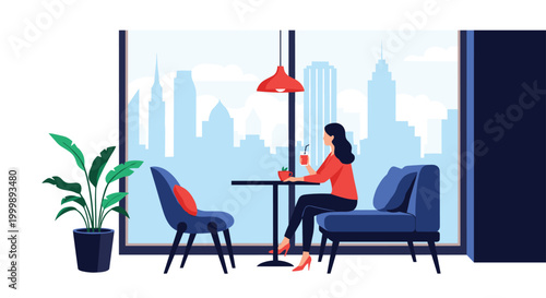 Elegant woman sits at a cafe table by a large window overlooking a foggy city skyline with skyscrapers while enjoying a drink.