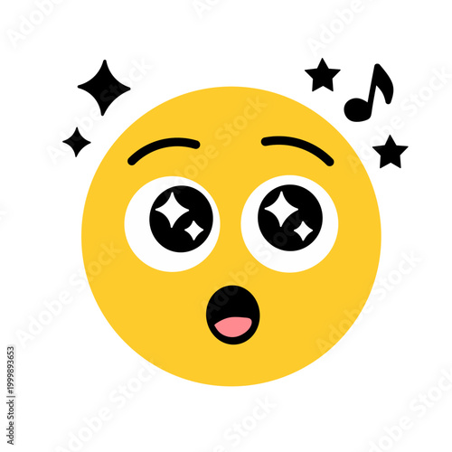 A happy yellow emoji face with large starry eyes and an open mouth, surrounded by black stars and a musical note, expressing amazement or stardom