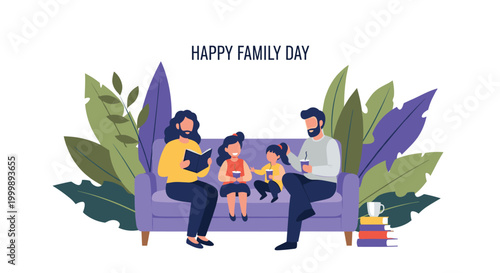 Happy family with two young daughters sits together on a purple sofa reading a book and drinking juice under a Happy Family Day sign.