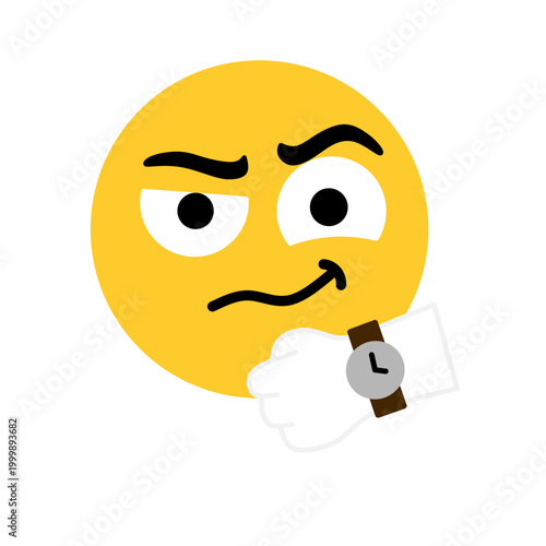 A yellow thinking emoji face with a skeptical expression, looking down at a wristwatch, symbolizing impatience or waiting for someone