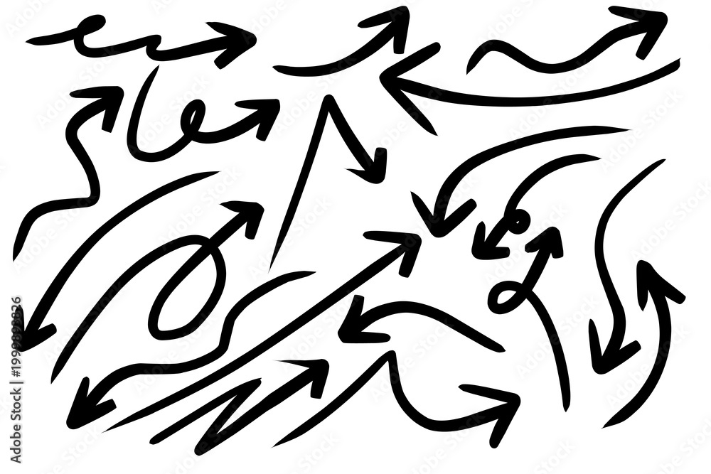 Fototapeta premium A collection of various hand-drawn black arrows showing different directions and styles