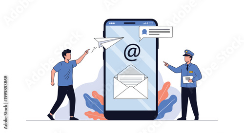 Young man and a police officer point at a large smartphone displaying a secure email envelope and various message notification bubbles.