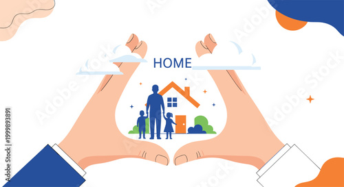 Pair of large hands forms a protective frame around a silhouette of a family and their home representing safety and insurance coverage.