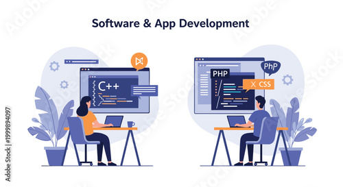 Two programmers work at their desks developing complex software and mobile applications using languages like C plus plus and PHP.