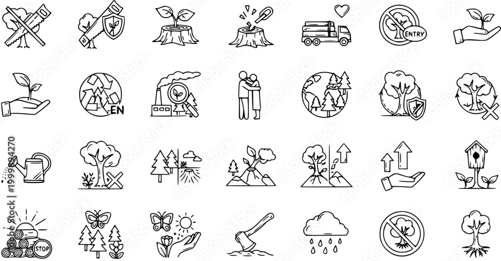Fototapeta premium Nature Conservation Icons: Tree Planting, Recycling, Deforestation, Environmental Protection, Line Art