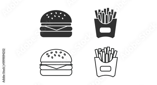 Minimalist vector illustration set showcasing classic fast food burger and french fries icons in solid and outline styles.