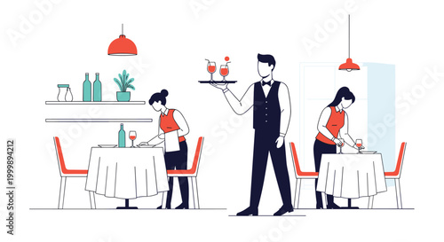 Team of professional restaurant staff including a waiter and waitresses prepare tables and serve drinks in an elegant dining room.