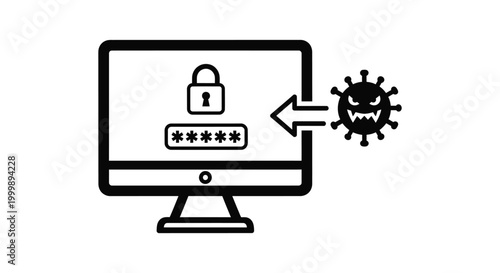 Computer security threat vector illustration showing a malware virus attempting to hack a password-protected system.