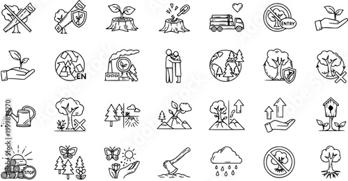 Nature Conservation Icons: Tree Planting, Recycling, Deforestation, Environmental Protection, Line Art
