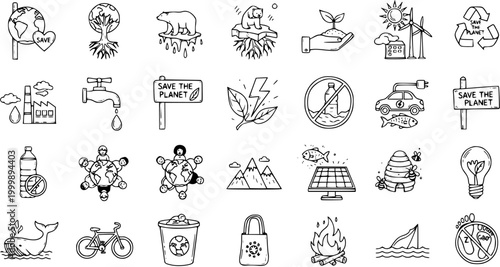 Ecology and Environmental Protection Hand-drawn Black  White Line Art Doodle Icons Set. Sustainability, Climate Change, and Nature Conservation Symbols.