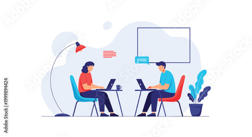 Man and woman sitting opposite each other at separate tables while working on their laptops in a modern creative workspace or cafe.