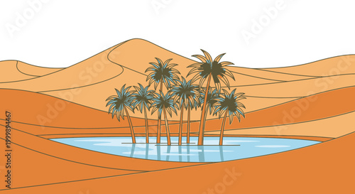 Desert Oasis with Palm Trees and Pond Vector Illustration