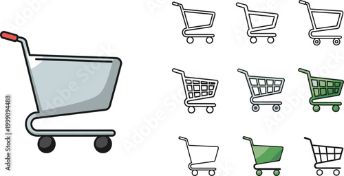 Shopping Cart Icon Set with Various Designs and Colors for E-commerce, Online Shopping, and Retail Platforms