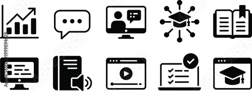 Online education and elearning icons representing digital study tools webinars books and graduation.