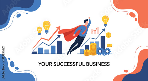 Successful businessman wearing a superhero cape flies over rising financial charts and bars representing business growth.
