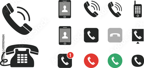 Phone Icon Set with Different Styles, Mobile, Landline, Incoming, and Call Status for Websites, Apps, and Digital Media Designs