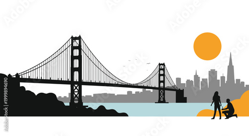 Romantic silhouette of a man proposing to a woman with the Golden Gate Bridge and city skyline in the background.