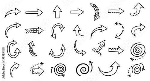 Collection of hand drawn doodle arrows set.