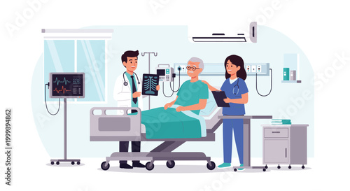 Medical team including a doctor showing an X-ray to an elderly patient resting in a hospital bed with a nurse assisting.