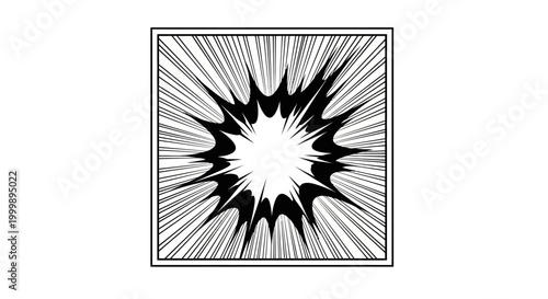 Black and white comic style explosion burst illustration with radial lines.