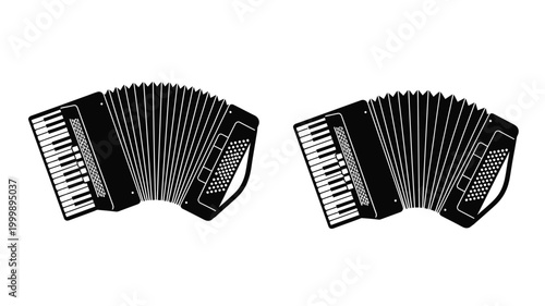 Two black accordions displayed side by side in a striking silhouette