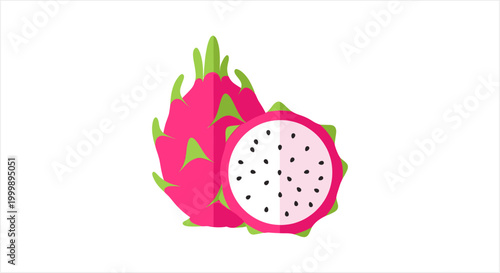 Vibrant Dragon Fruit Illustration with Whole and Halved Sections.