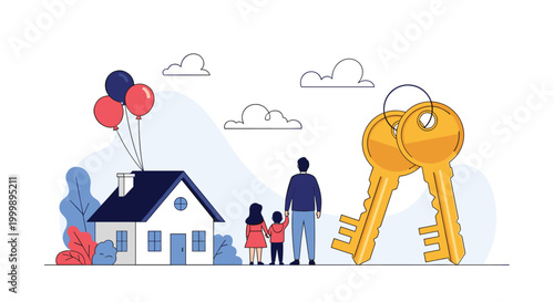 Young family with children stands before their new suburban house next to large golden keys symbolizing home ownership.