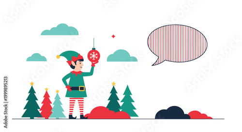 Festive Christmas elf holding a red snowflake ornament stands among colorful trees with a large blank speech bubble for text.