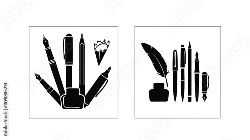 Vintage writing tools in a black and white silhouette