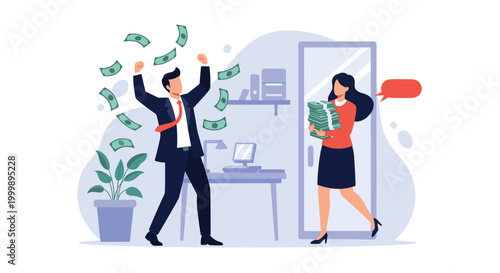 Joyful businessman throwing money in the air while a female colleague enters the office carrying a large stack of cash.