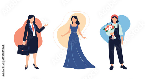 Three diverse women showcasing different career and lifestyle choices including a business executive, bride, and florist.