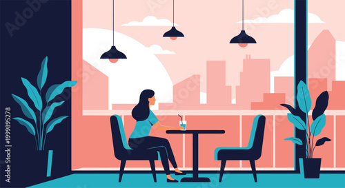 Lonely woman sitting at a table with a drink in a modern cafe overlooking a panoramic view of the city skyline at sunset.