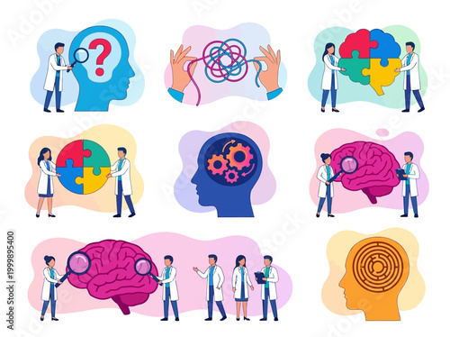 Mental Health and Psychology Illustration Set: Brain Research, Cognitive Therapy, and Neuroscience Concepts with Doctors and Medical Icons