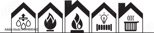 A set of five house icons depicting various home energy systems: ventilation, gas, heat, light, and radiator vector illustration .