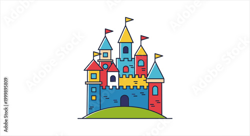 Colorful Cartoon Castle with Flags on a Hill.