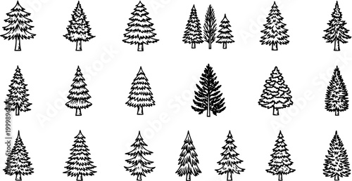Fotografie Christmas Winter Holiday Evergreen Trees Hand Drawn Line Art Vector Set